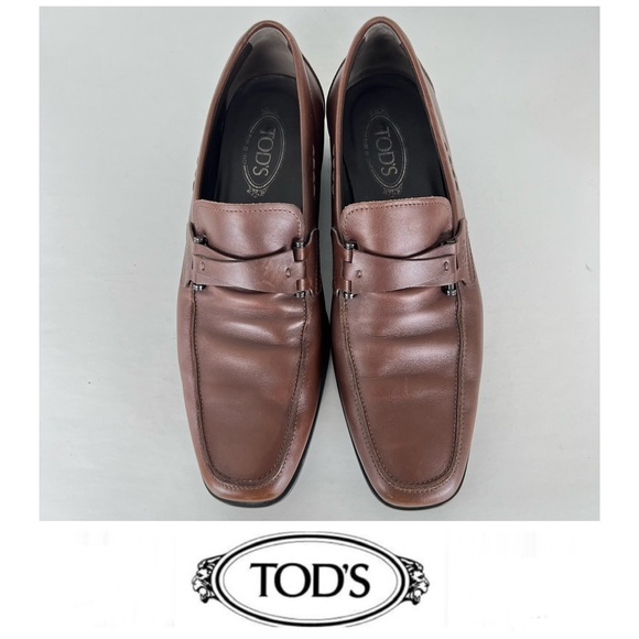 TOD’s Men Brown CrissCross Band Leather w Side Bars ClassIc Penny Loafer Sz 10 - Picture 1 of 15
